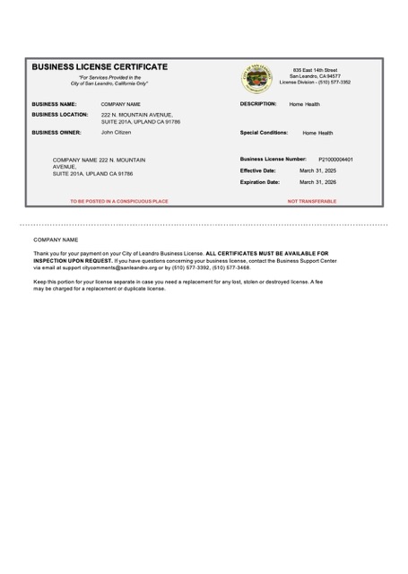 USA California business license certificate Word and PDF template